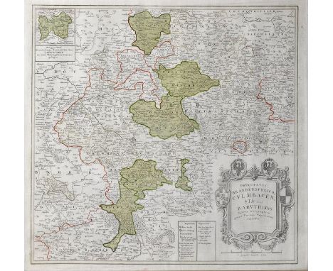 Homann Erben"Principatus Brandenburgico Culmbacensis vel Baruthinvs" (Kulmbach - Bayreuth). Kupferstichkarte, grenz- und fläc