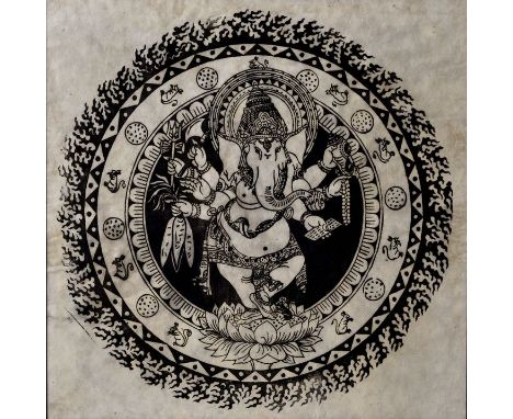 Mandala des Gottes Ganesha, Indien, 20. Jh.Druck (Holzschnitt) auf Seidenpapier, ca. 45 x 45 cm. Hinter Glas im Massivholzrah
