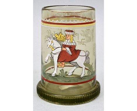 Historismus-Becherglas,  Schlesien, ca. 1880Wohl Fritz Heckert, Petersdorf. Grünes Glas mit Emailbemalung. Unterer Ranft gekn