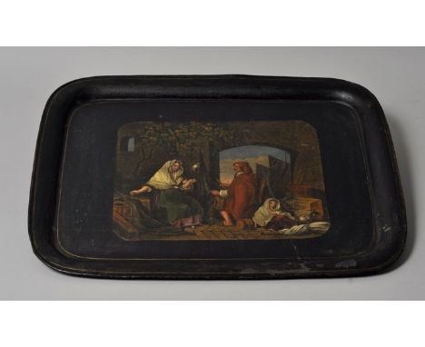 Tablett, Deutschland. i.d. Art Stobwasser (Braunschweig)1. H. 19. Jh. Blech, rechteckig mit abgerundeten Ecken, schwarz lacki