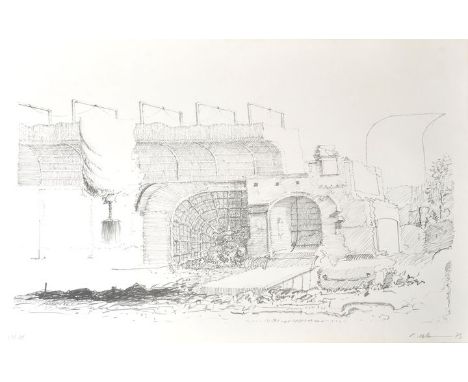 Unbekannter Künstler, 2. H. 20. Jh.Vision (ruinöse Industriearchitektur am Wasser). Lithographie. 1973. In Blei signiert (nic