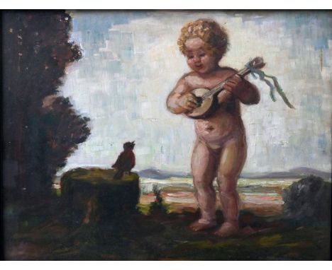 Wechsler, Max Josef. 1884-1945 MünchenLandschaft mit Putto und Singvögelchen im musikalischen Wettstreit. 1927. Öl auf Holz, 