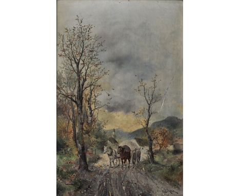 Bürger, Lothar Michael. 1866 Wien-1943 KirchstettenHerbstliche Landschaft mit Planwagen am Dorfausgang. Öl auf Holz, re. u. s