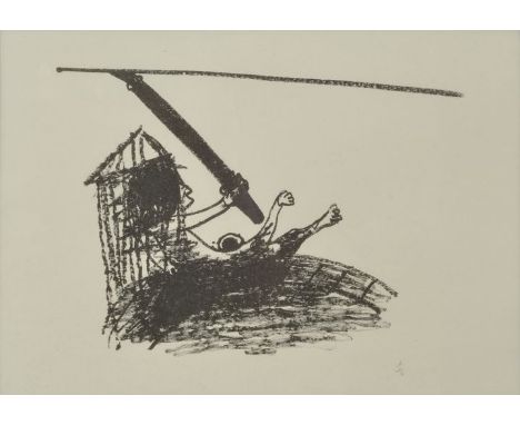 Undeutl. sign.Sitzende Person mit einer Art Sense in der Hand. Lithografie. u. re. undeutl. sign. 22,1 x 31,3 cm (PA). Hinter