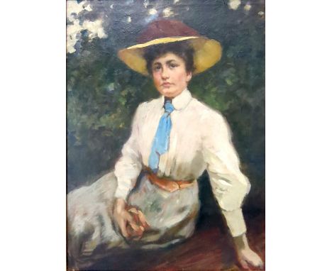 Unbekannt, Spätimpressionist, um 1900Bildnis einer Dame mit Strohhut. Öl auf Leinwand, in der unt. Bildhälfte grob rep. Stell