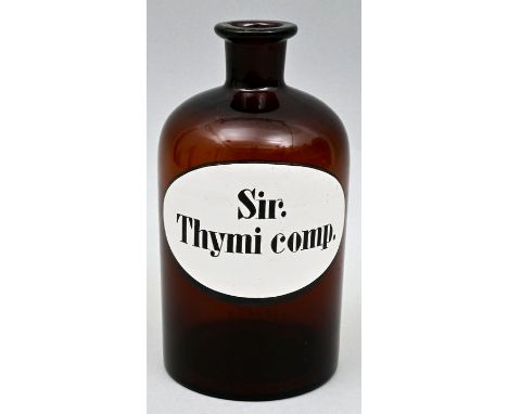 Standgefäß/ Apothekenflasche, 20. JH.Braunes Pressglas, emaillierte Aufschrift "Sir. Thymi comp." (Thymian-Sirup), rücks. Auf