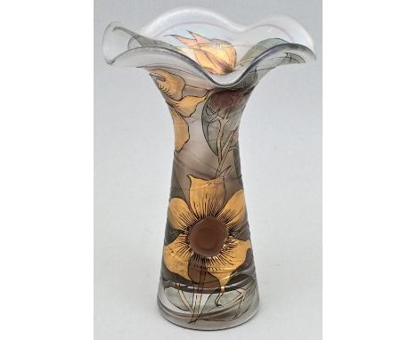 Vase, Bayrischer Wald, Rachelkristall Weidensteiner, 2. H. 20. Jh.Glas, irisiert, violetter Glasfaden umsponnen, in Transpart