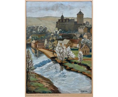 Lange, K."Zschopau mit Schloß Wildeck im Frühling". Gouache über Blei. 1920er Jahre. Signiert unten rechts, betitelt auf Pass