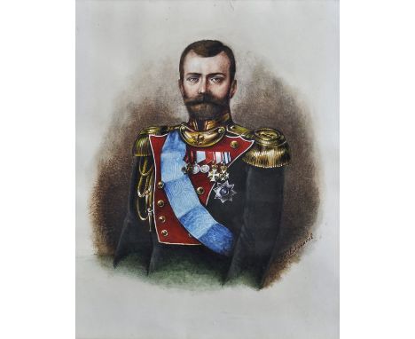 Denisov, W./V. 20. Jh.Bildnis Zar Nikolaus II. Aquarell, sign. 28 x 21 cm (PA). Hinter Glas gerahmt. Portrait Tsar Nicolaus I