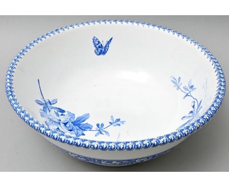 Waschschüssel, Dresden, Villeroy &amp; Boch, um 1920Steingut, Kupferdruckdekor in Blau: Azaleenzweig. Merkurmarke mit Dekorbe