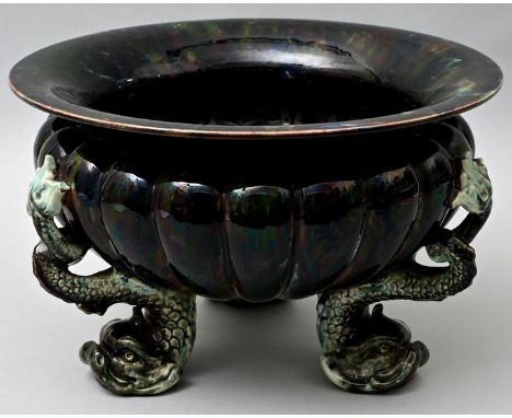 Übertopf/ Pflanzschale, wohl Italien, um 1890Keramik, getupfte/ verlaufende Glasur in dunklen Farben, gebauchte Form mit geri