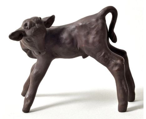 Kalb, Meissen, ca. 1934Böttgersteinzeug. Modell Willi Münch-Khe 1934. Am Schwanz und Hals geklebt. Schwertermarke, geritzte M