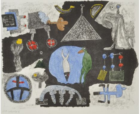 Heinze, Frieder. Geb. 1950 Leipzig, lebt und arbeitet in Groß-Pelsen bei Mügeln"Petrus".1990. Lithografie, handkoloriert, sig