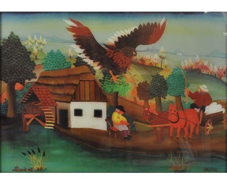 Rak, Kresimir. Kroatischer naiver Künstler, 20. Jh.Bäuerliche Szene mit Wassermühle und herabstürzendem Adler. 1975. Farblith