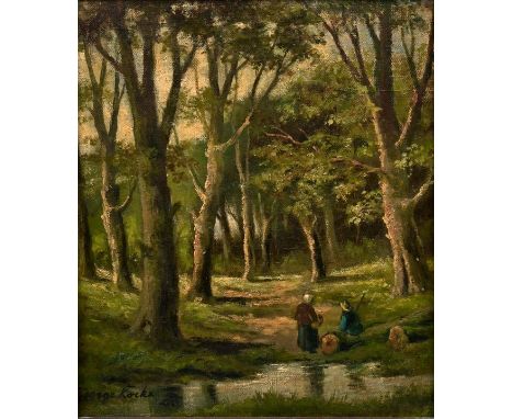 Kockx/ Köckx, George. 19. Jh.Waldlandschaft mit rastendem Figurenpaar. Öl auf Leinwand (auf Holztafel aufgespannt), li. u. si