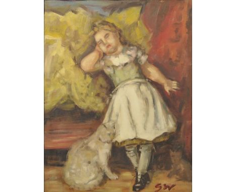 Monogrammist S.W., 1. H. 20. Jh.Kind mit Katzen. Öl auf Hartfaserplatte, re. u. monogr. 80 x 64 cm. Gerahmt. Child with cats,