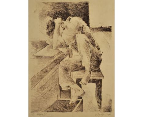 Kothwale Ajaysingh, lebt und arbeitet in Goa/ IndienJunger Mann, am Tisch schlafend. 1996. Lithographie, sign., dat., num. Ex