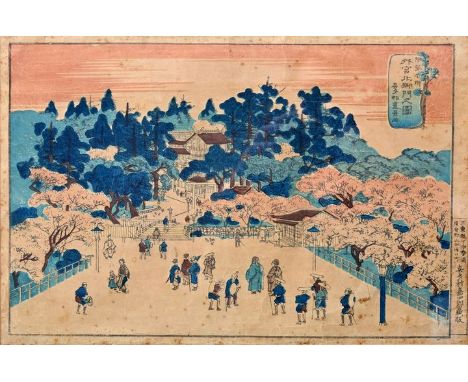 Farbholzschnitt, Japan, ca. 1880Baumbestandene Tempelanlage mit Passanten, Farbholzschnitt, st. Erhaltungsmängel, Stockflecke