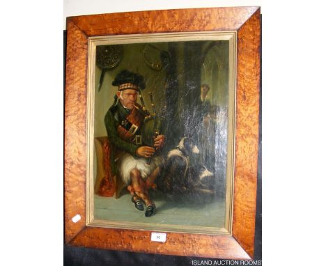 A 19th century oil on canvas of Scotsman playing bagpipes in birds-eye maple frame - 47cm x 35cm