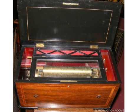 A Victorian inlaid cylinder musical box playing on bells and drum - 47cm