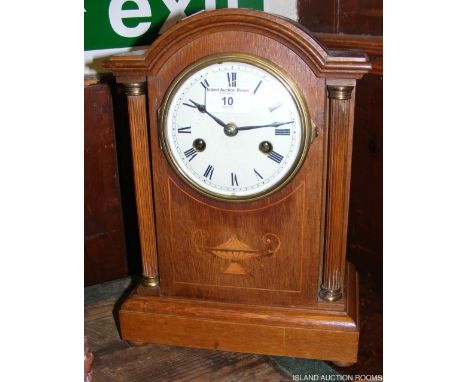 Inlaid oak cased mantel clock with two train movement