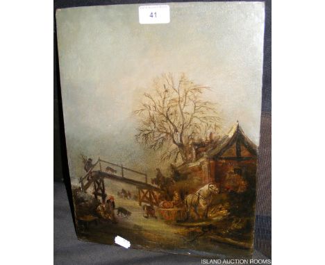 Dutch School - oil on panel of frozen landscape - 34cm x 27cm