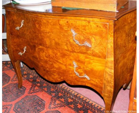 Louis XV style walnut two drawer commode with serpentine front