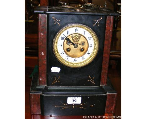 Victorian slate and marble mantel clock with visible escapement