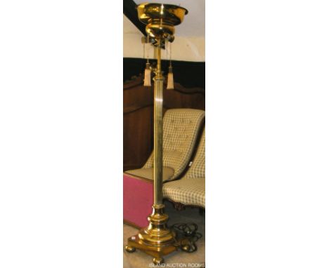 Vintage brass standard lamp with adjustable reeded column