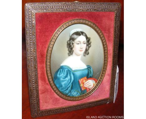 STEILER - portrait miniature of an elegant lady holding book - signed - 9cm