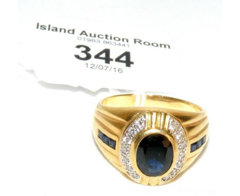 A gent's sapphire and diamond ring in gold setting