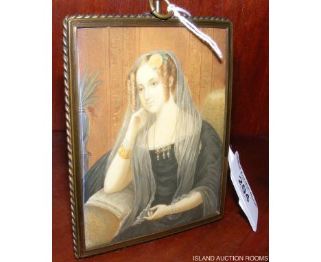 Miniature watercolour portrait of seated lady - 2.5cm