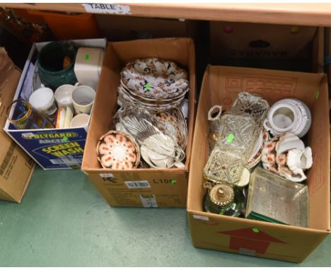 Three boxes inc. Ridgways Gainsborough plates, oil lamp with a green glass liner etc