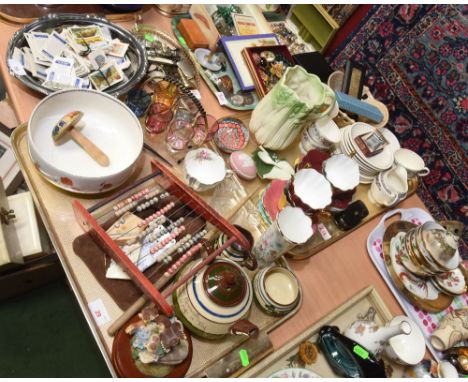 Two trays inc. Torquay wares, millefiori paperweight, 1950s teacups and saucers, Wedgwood Belmar cups and saucers, Sylvac cel