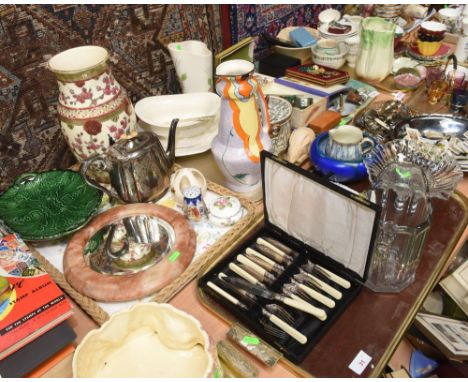 Three trays inc. an Art Deco Trix jug (a/f), an Arthur Wood biscuit barrel, Japanese carved wooden fgure, Wedgwood creamware 