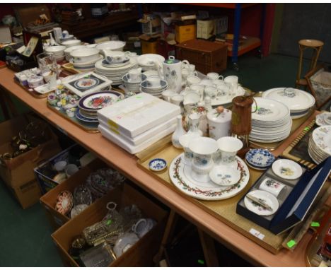 Three trays inc. Royal Doulton floral encrusted wares, Wedgwood, Spode, RHS cabinet plates, Sadler ginger jar, miners lamp et