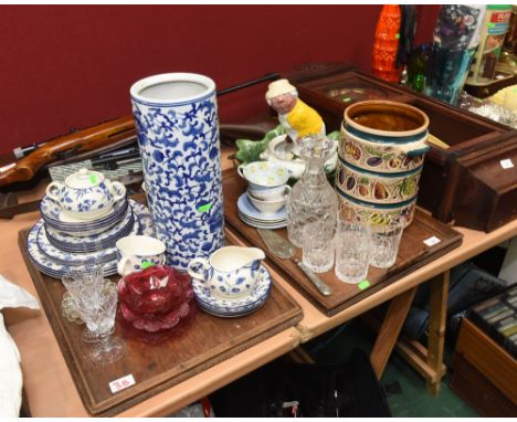 Two trays inc. a West German stoneware vase, a majolica leaf bowl, a Shelley, floral painted teacup, good quality cut glass d