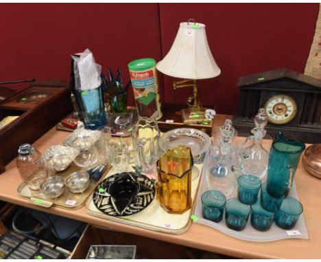 Four trays inc. amber, blue and other glass, silver plate bottle coasters, Deco style cocktail shaker, an Art Deco wall pocke