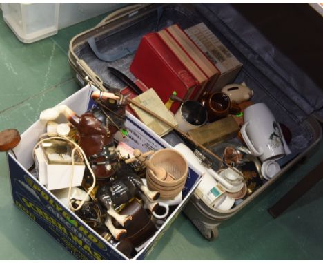 A box containing a quantity of pottery horse models, novelty butter churn, spirit miniatures, a 1950s Metamec alarm clock etc