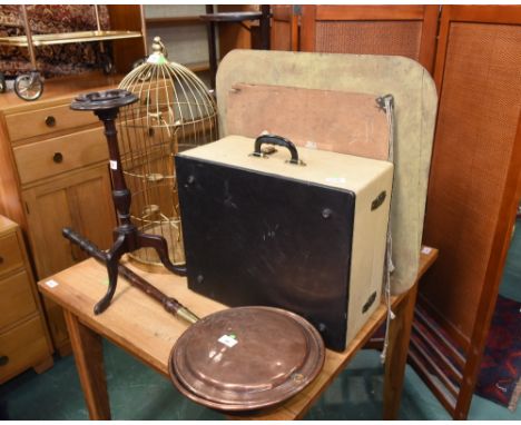 Two record players; tog, with a copper bed warming pan, smoker's stand, a bird cage form candle holder and a vintage wall mou