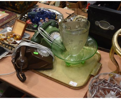 Two vintage telephones; tog. with a 1930s green glass jug and bowl