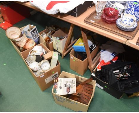 Seven boxes inc. reproduction flintlock pistols, novelty boot-form planter, glass candlesticks, Japanese tea service, camera 