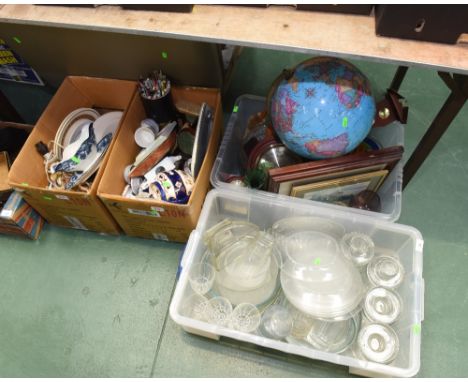 Four boxes inc. glass, modern ceramics, table globe lamp, barometer etc