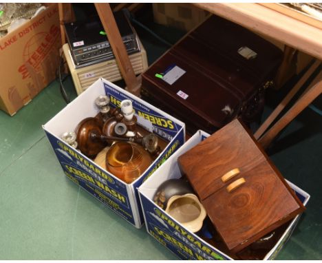 Two boxes inc. oak candlesticks, 1920s amber glass, Denby vase etc; tog. with a vintage bush radio, two leather briefcases