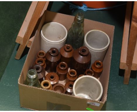 A box of vintage stoneware bottles, codd bottles etc