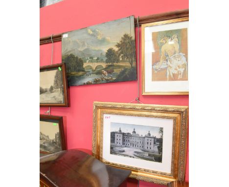 19th Century Naive School, Cattle by a bridge, oil on panel, unframed; tog. with a print of Streatlam Castle