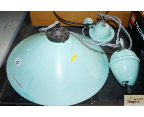 A ceramic rise and fall teal coloured  electric pendant light stamped with Terre D'Hautaniboul (sold as seen)