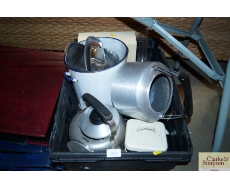 A box of various kitchenalia to include an enamel pot, stainless teapot etc.