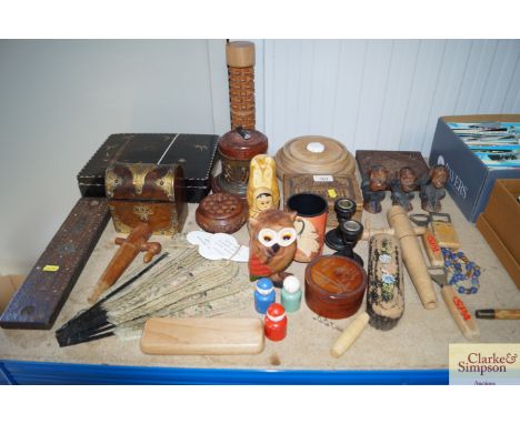 A mother of pearl inlaid trinket box, bridge board, Russian Doll, bottle openers etc.