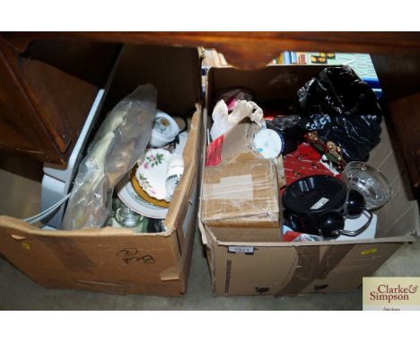 Two boxes of various sundry items an amazing Spiderman alarm clock, Christmas decorations, various china etc.